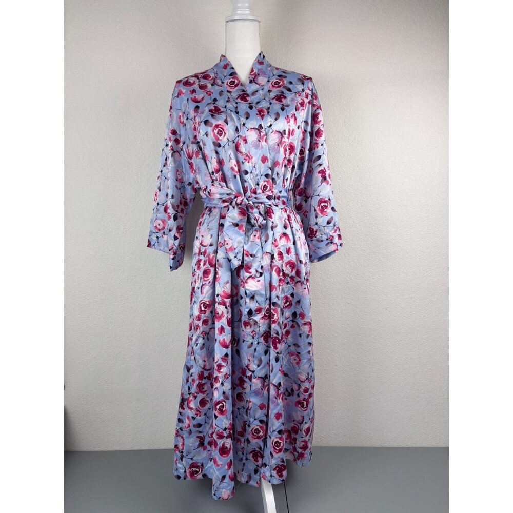 Cabernet women's medium blue floral mid length satin kimono long‎ sleeve robe